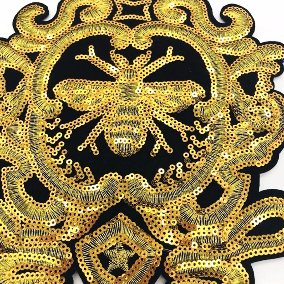 1pc New Gold Sequins Crown Bee Patches Embroidery Applique Sew on Clothes Craft 240*170mm