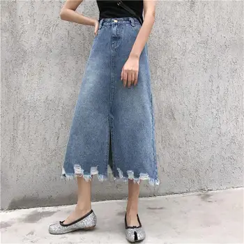 

Ripped Split Long Denim Skirts Women Harajuku Wrap Skirt Plus Size Tassel Hole Pockets Jeans Skirt Summer Korean Sexy Maxi Skirt