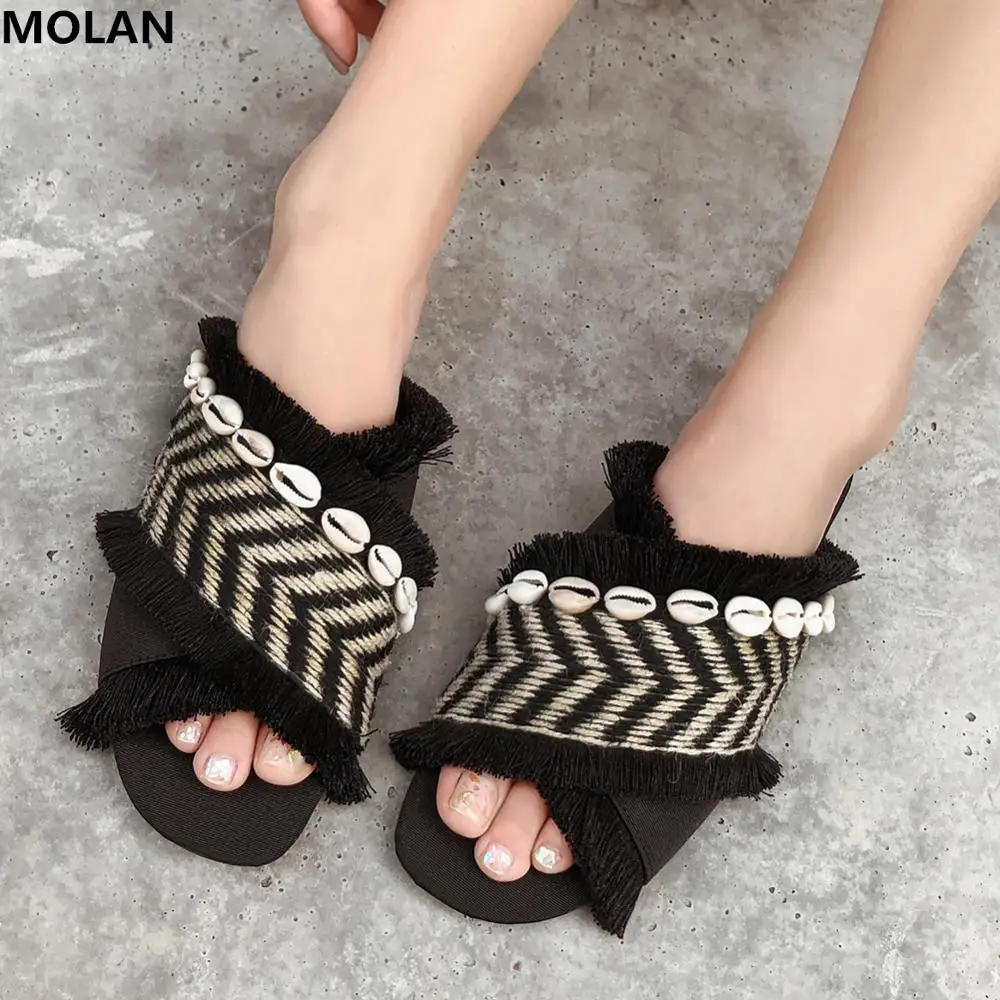 

MOLAN Brand Designer 2019 Summer Black Gingham Fringe String Bead Woman Shoes Flat Suede Slides Slip On Loafers Mules Flip Flops