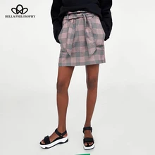 Bella philosophy Весенняя женская Повседневная розовая клетчатая юбка с высокой талией, Женская мини-юбка, модная женская прямая юбка с поясом
