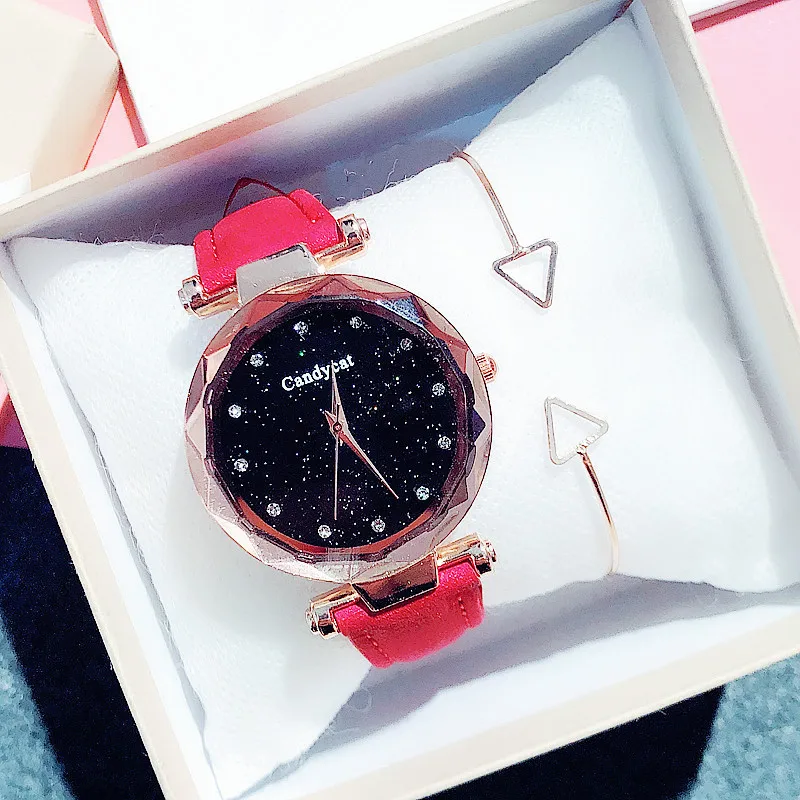 Роскошные Звездное небо часы для женщин модные женские кварцевые наручные часы красная кожа водонепроницаемые часы relogio feminino zegarek damski - Цвет: LSK01red