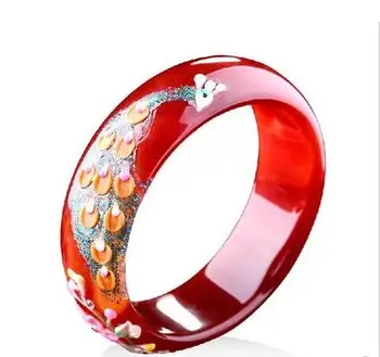

Chinese A Grade Natural Red Chalcedony Painting Shell Peacock Women's Bangle