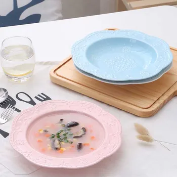 

Embossment Flower Soup Bowl Western Food Deep Plate Straw Hat Salad Rice Dishes Ceramic Round Salad Pasta Plates Tableware 1pcs