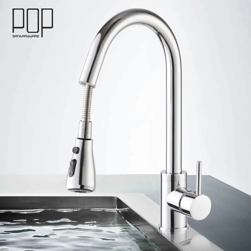 

POP Chrome or Nicke Kitchen sink faucet, Single Handle Pull Out and Swivel Spout Vessel kitchen faucet mixer tap