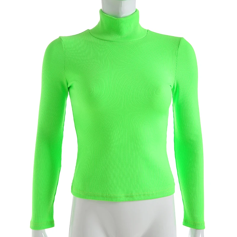 Darlingaga зима водолазка футболка с длинным рукавом для женщин топы корректирующие флуоресцентный зеленый Модные женские футболки повседневное вязаная рубашк