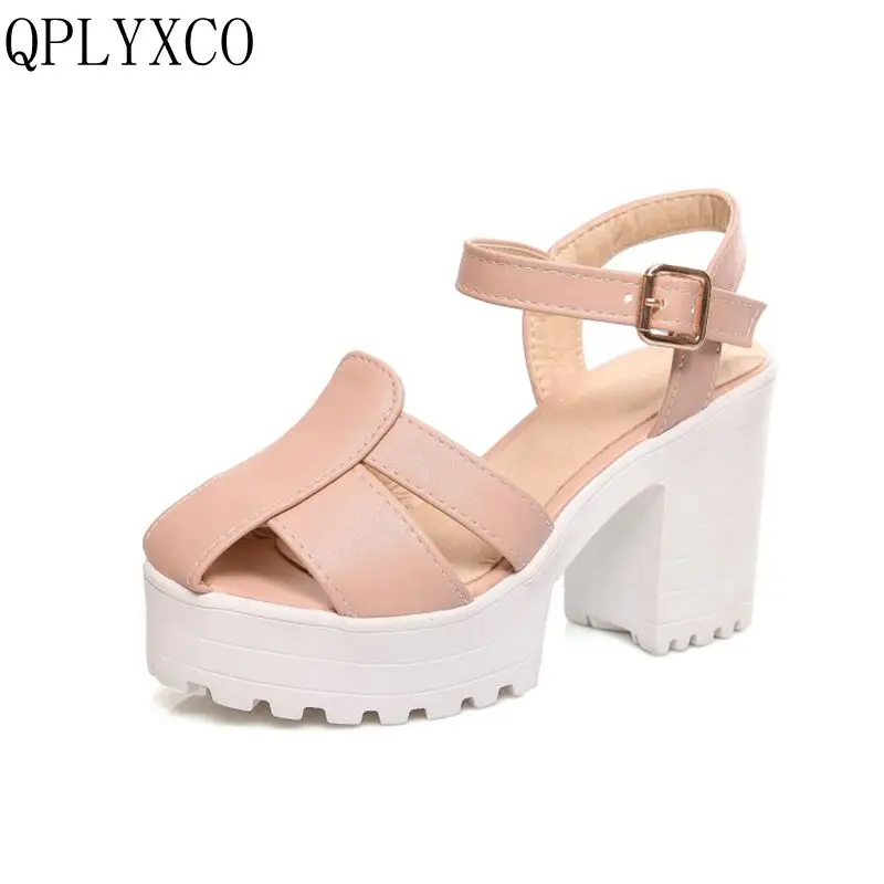 

QPLYXCO 2017 New Big size 34-46 Women Sandals Retro Vintage Ankle Straps Summer Shoes Thick High Heels Platform Sandals 9950-4