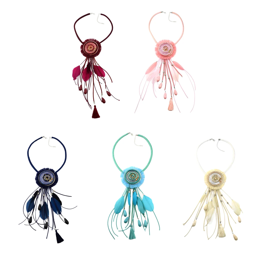 Vintage Statement Dreamcatcher India Tribe Ethnic Tassels Feather Pendant Sweater Necklace Boho Jewelry