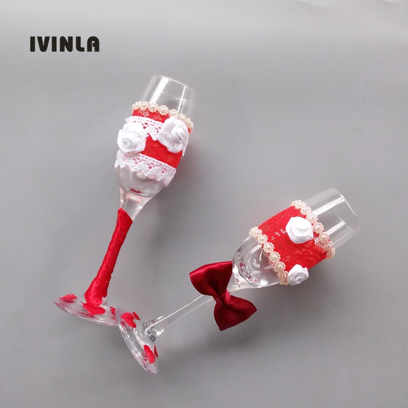 

Newest 1 pair/lot red Bowknot wedding Champagne Toasting Glasses Set for wedding decoration