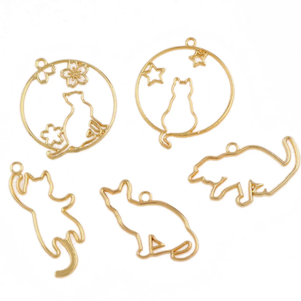 

5pcs/set Mix Cat Bezel Metal Frame Pendant Charm Bezel Setting Cabochon Setting UV Resin Charm Necklace Earring Findings