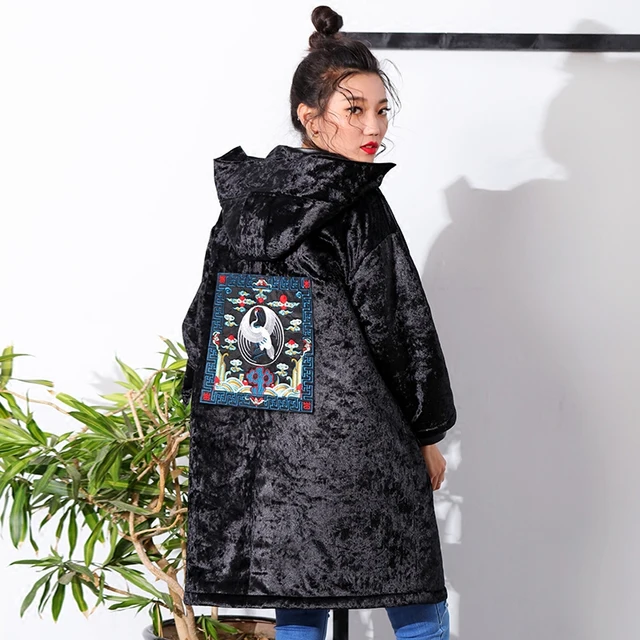 Cheap AIGYPTOS--XIYOU]Original Design Winter Women Chinese Style Cranes Embroidery Casual Loose Berber Fleece Velour Vintage Long Coat