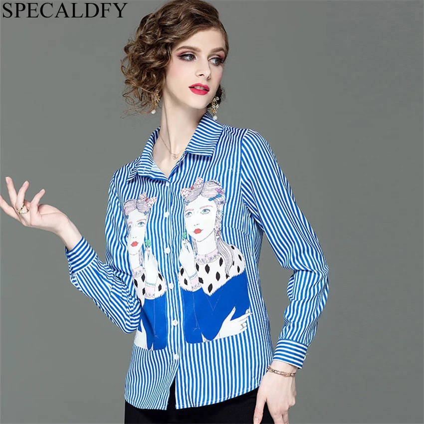 

Runway Blouse Women Long Sleeve Cartoon Print Blue Striped Shirt Womens Tops and Blouses Spring Blusas Mujer De Moda 2019