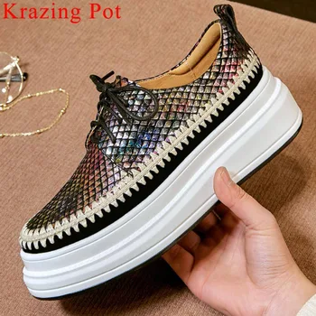 

Krazing Pot luxury sheep leather slip on loafers thick bottom round toe high quality retro well-ventilated vulcanized shoes L25