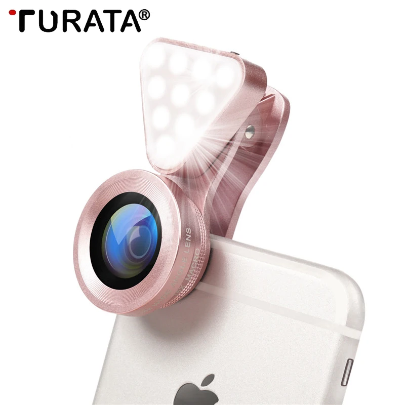 

Turata 3 in 1 Phone Lens, LED Flish Light Lens For iphone SE X 8 7 6 6S Fish Eye Lens 0.4-0.6X Wide Angle+10X Macro Clip-on Lens