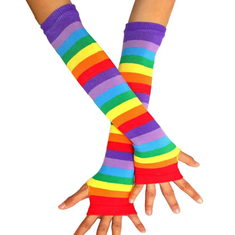 

Women Girls Rainbow Striped Long Sleeve Sunscreen Arm Sleeve Fingerless Mittens Gloves Slim Thigh High Leg Warmer Cotton Spring