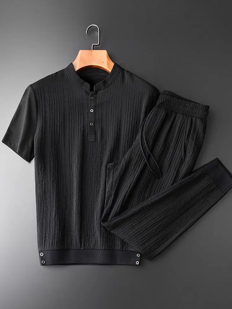 Minglu воротник-стойка, Мужская комплекты(T-SHIRTS+ брюки) плюс Размеры 4xl Роскошные морщинистая ткань с коротким рукавом для мужчин комплекты летние штаны мужские комплекты - Цвет: TZT18150