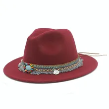 Шерстяная Женская Шляпа Fedora с кисточкой богемная лента для элегантных леди Джаз церковная Панама Шляпы сомбреро размер 56-58 см