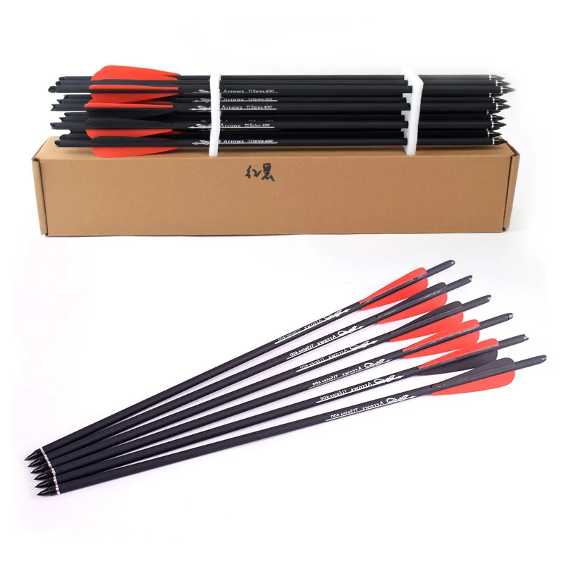

12Pcs Crossbow Carbon Arrow 16/20 Inches Spine 400 with Red and black Feather for Crossbow Archery Hunting Shooting