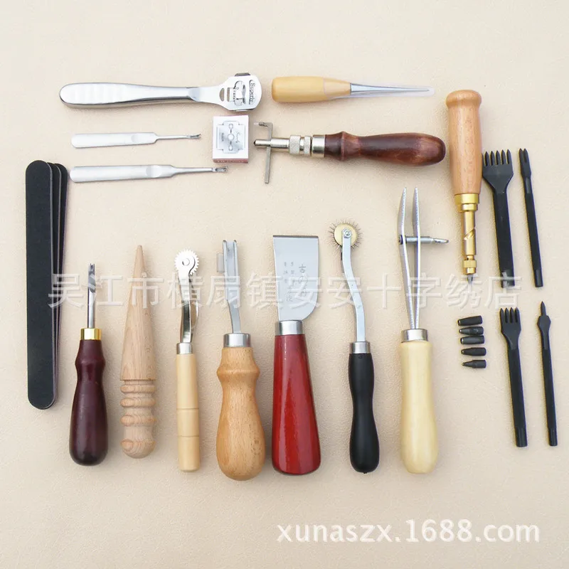 

1Set Leather Tools Set DIY Hand Wood+Steel Ling Leathercraft Quality Needles Wires Awls Scissors Beeswax Copper Thimble Wheels