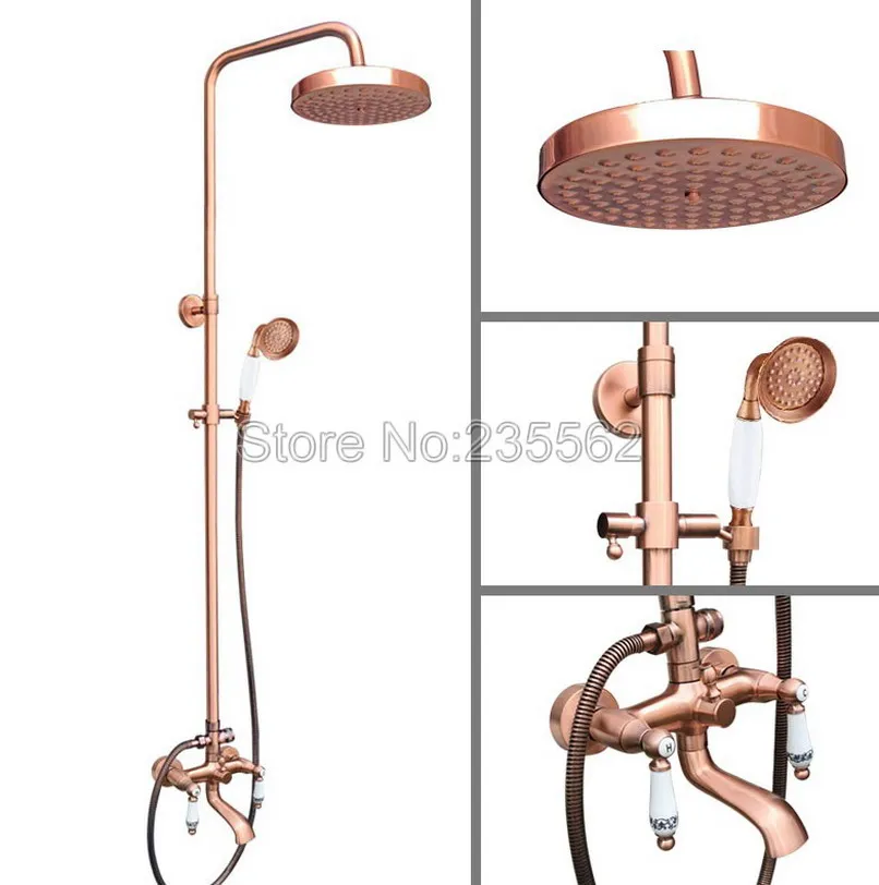 

8 Inch Bathroom Shower Faucet Red Copper Round Rainfall Wall Mounted Bathtub Shower Head Handheld Faucet Shower Set lrg545