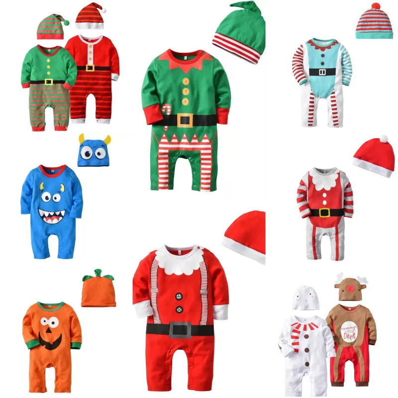 

New Born Baby Boy Girl Deer Cartoon Christmas Rompers Bebe Kids Cotton Cute Clothes Romper Outfit +Hat 2PCS Outfits SetsCA3321