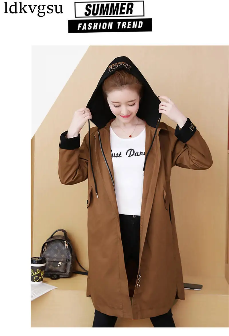 New Windbreaker Female Long Section Spring Autumn Jackets Women Korean Large Size Loose Hooded Casual Coat Ladies V307