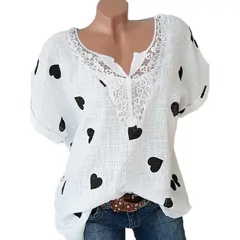 

Plus Size Women Heart Print Lace Crochet V Neck Loose Short Sleeve T-Shirt Top