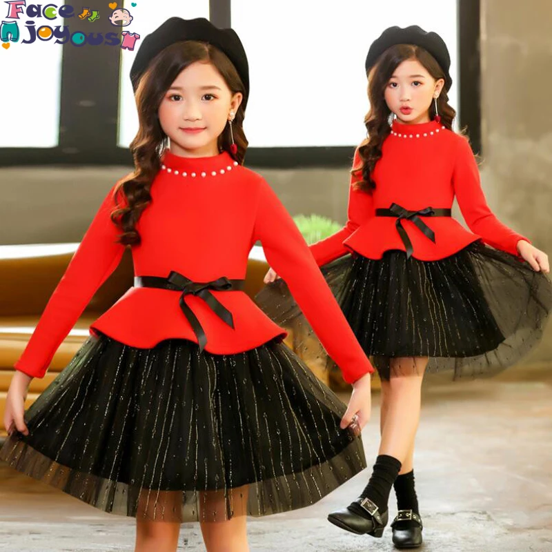 

Kids Girls Dress Winter Spring Princess Velvet Dresses Long Sleeve Red Black Mesh Knee Party Dress Clothes Size 4 To 12 Years