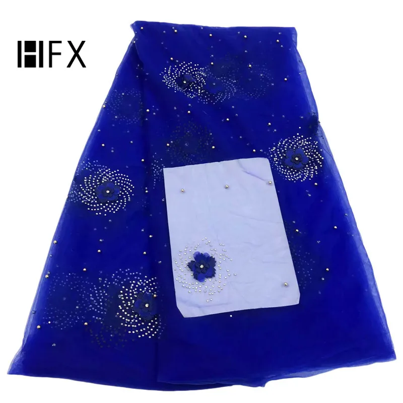 

HFX French Lace 2019 Rhinestones Nigeria African Wedding Dress Beaded Net Lace Royal Blue Women 3d Flowers Mesh Fabric X1681