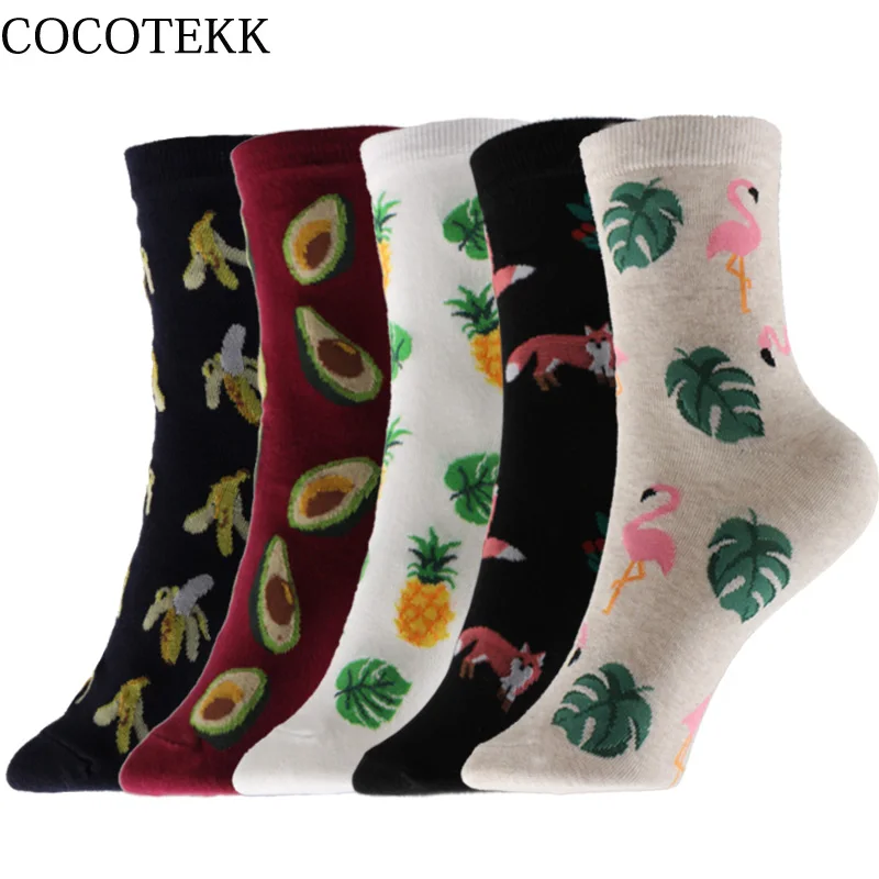 

COCOTEKK Harajuku Korean Fashion Combed Cotton Women Socks Fox Pineapple Avocado Banana Fruit Socks Happy Funny Socks Women Gift