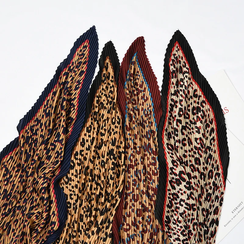 55x55cm Pleated Small Square Scarf Satin Silk 2019 New Leopard Dot Crinkle Bandana Hair Head Neck Wrap Bag Women Handkerchief