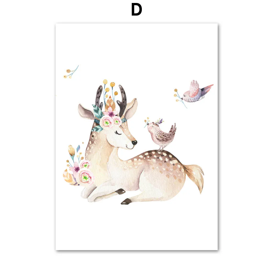 Акварельная сова кролик олень медведь настенная живопись на холсте скандинавские плакаты и принты Настенные рисунки с животными декор для детской комнаты - Цвет: D