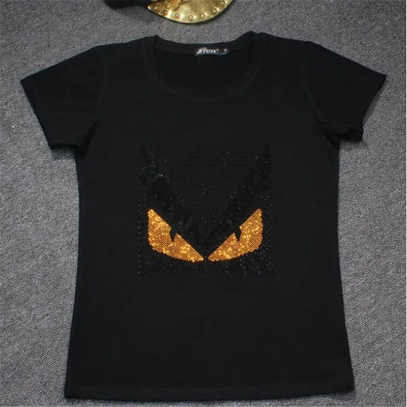 

Summer Couple T-shirt Women Casual Tee Shirts Femme Monster Rhinestone Tops Women Short Sleeve Camiseta Feminina Black White