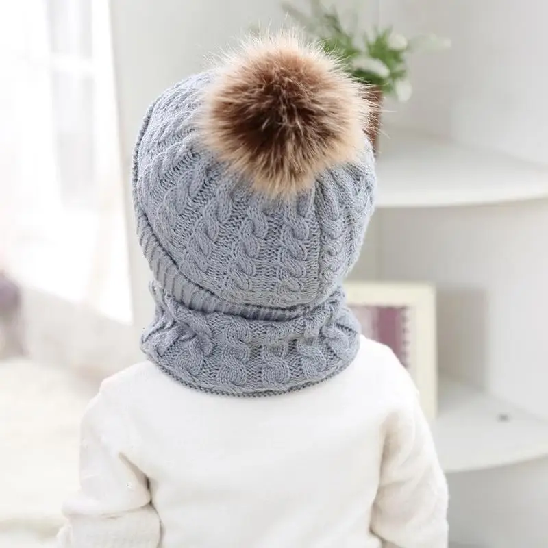 2 шт./компл., модные вязаные шапки для новорожденных, теплый помпон, Круглый машинный колпачок, защищает шапка с ушками, детская зимняя шапка s+ наборы с шарфом