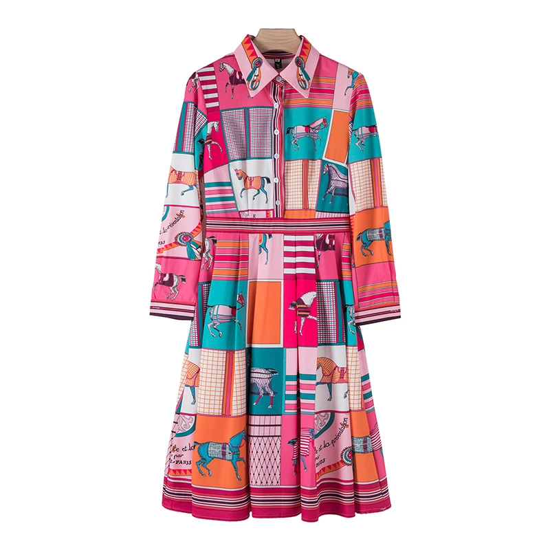 

PERHAPS U pink pony print patchwork turn down collar button zipper long sleeve empire a-line knee length dress autumn D1871