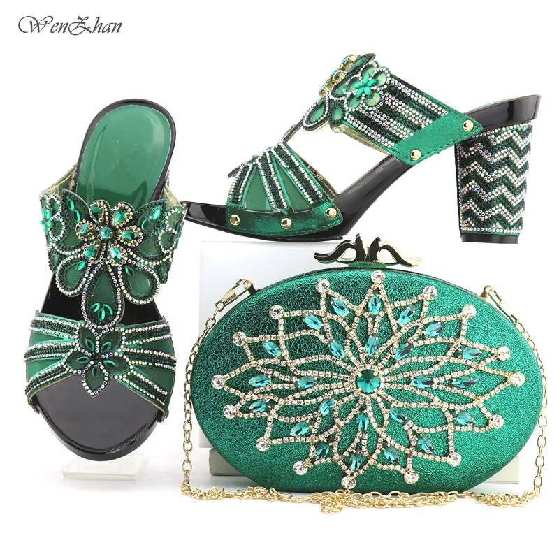 

Lovely Green Color Match Shoes With Bag Sets Hoof Heels Decorated With Crystal African Wedding Shoes and Bag Set 38-42 T711-29