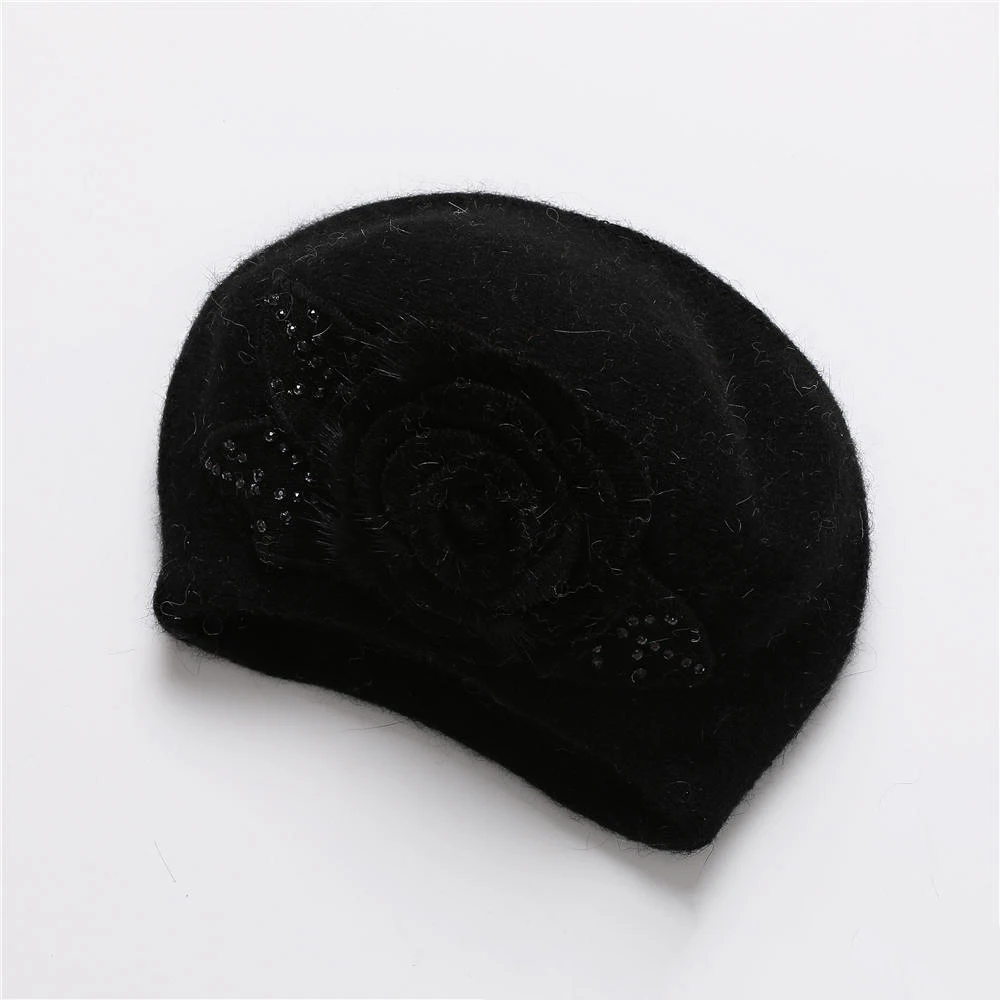 Angora Beret Women Winter Hat Knit Cap Beanie Headwear Warm Flower Casual Soft Classic Thermal Snow Outdoor Accessory (9)