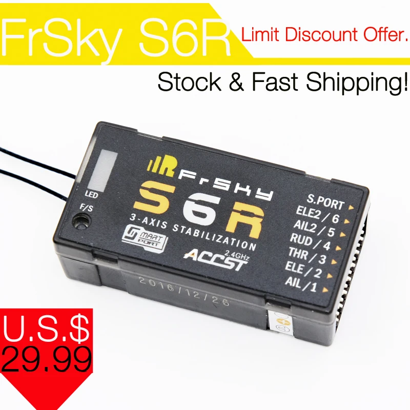 

FrSky S6R 6ch Receiver w/ 3-Axis Stabilization + Smart Port Telemetry Fix Wing and Multicopter receiver