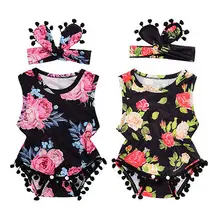 Summer 2017 Newborn Toddler Baby Girl Floral Tassle Ball Romper Jumpsuit +Headband Infant Clothes Outfit Sunsuit
