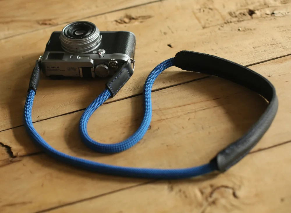 Прохладный плеча pad черный кожаный синий Скалолазание Веревка 10 мм ручной работы ремень для камеры Windmup