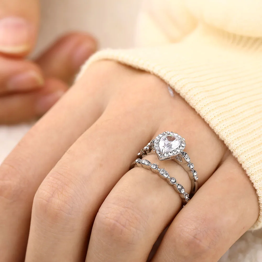 Модное обручальное кольцо с цирконием в форме сердца для женщин, женский набор двойных колец, бижутерия для девушек, любовников, свадебные ювелирные изделия, вечерние аксессуары