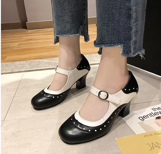 

2019 spring and autumn fashion retro women's high heel buckle stiletto heels casual shoes Mary Jane round head student shoes