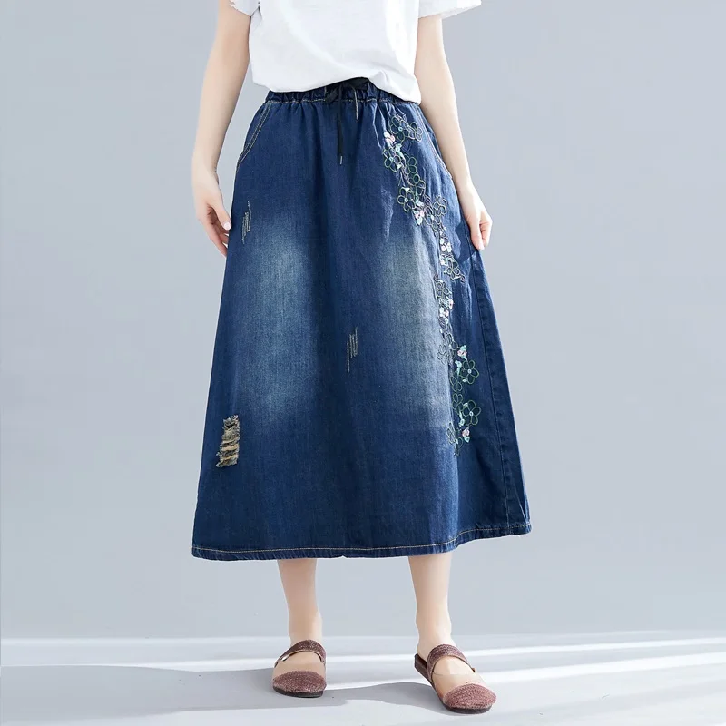 Винтажная вышивка размера плюс высокая талия осень лето Повседневная Свободная длинная джинсовая юбка женские юбки женская одежда - Цвет: dark blue