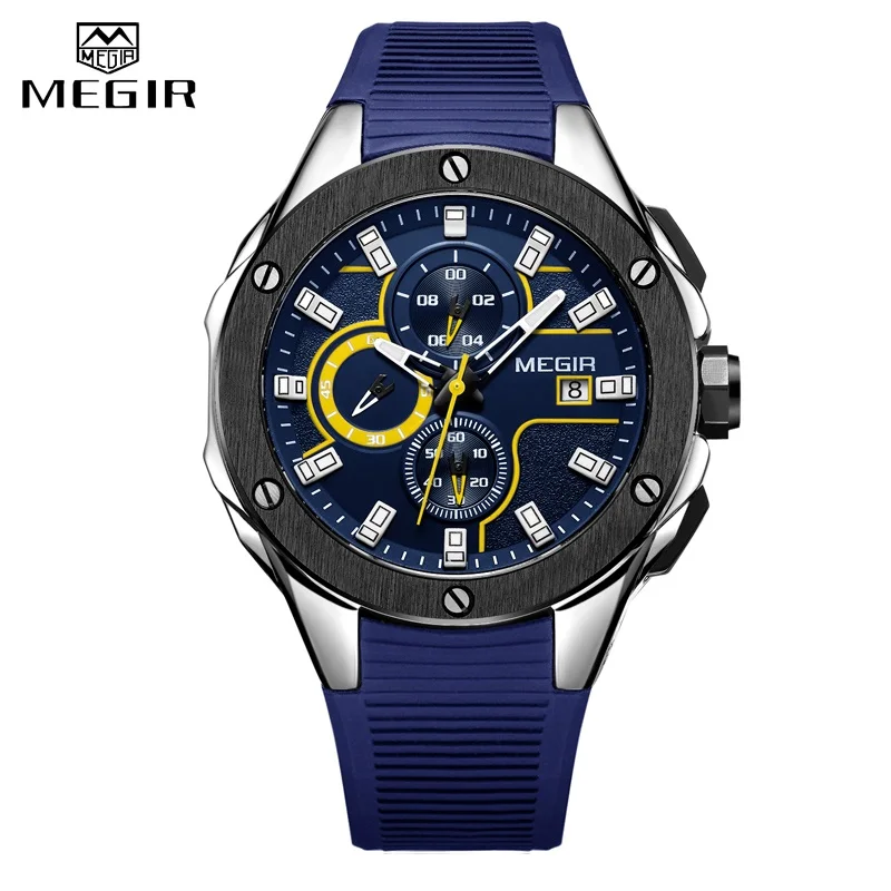 MEGIR Модные мужские спортивные часы с хронографом Водонепроницаемые силиконовые кварцевые Военные Мужские часы Relogio Masculino - Цвет: Blue