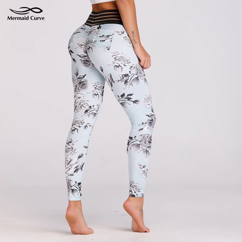 Mermaid Curve Trousers Women Flowers Printed Yoga Pants