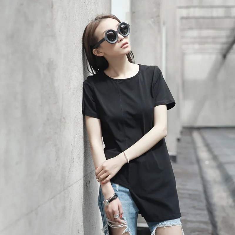 [EAM] новая весенне-летняя черная короткая свободная футболка с круглым вырезом и коротким рукавом, женская модная футболка JL446