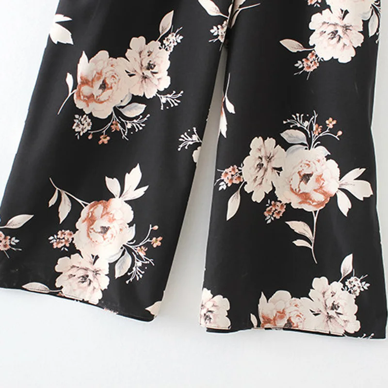 Women Vintage V Neck Floral Jumpsuits Wide Leg Pants Sashes Pleated Elastic Waist Rompers Summer Casual Playsuits