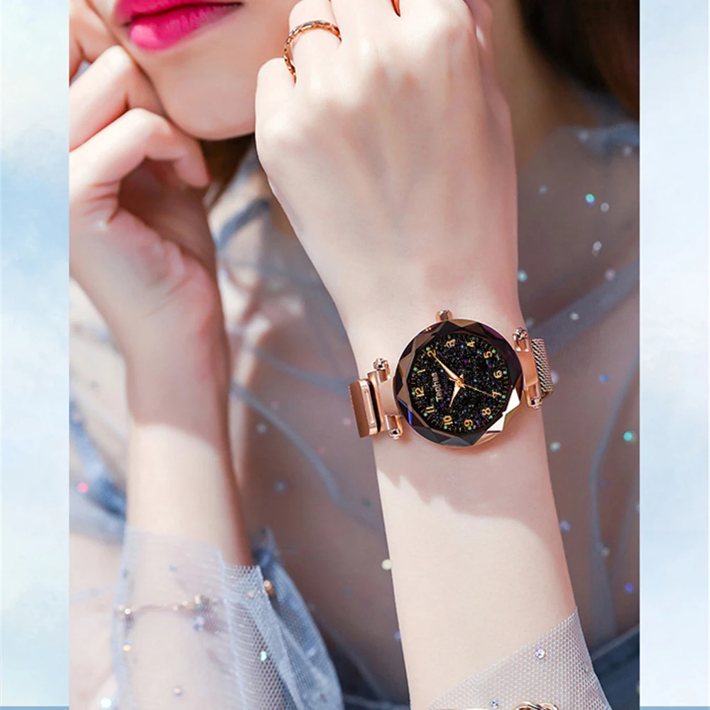 Необычные Фиолетовые женские часы, модные, звездное небо, женская одежда, кварцевые магнитные часы, женские светящиеся наручные часы, relogio feminino