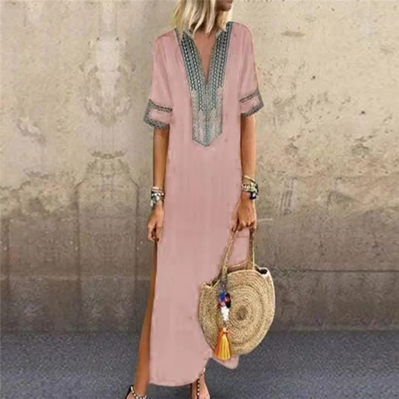New Fashion Women Summer Sexy V-Neck Short Sleeve Folk-Custom Print Vintage Dress Elegant Ladies Casual Party Vestidos #4R09   (9)