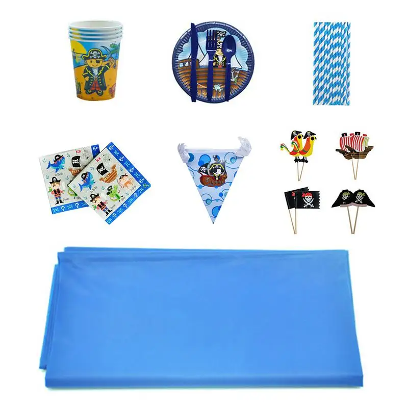 

Blue Boy Theme Birthday Pirate Ship Party Disposable Paper Plates Cups Straws Tablecloth Kids Birthday Party Favors