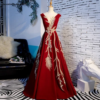 

Vestito damigella2020 new satin sexy V-neck gold applique A Line burgundy bridesmaid dresses long abiti damigelle